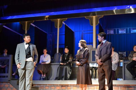Theater students (L-R) Diego Gutierrez, Abbi Weeks, and Colby Connor perform in the play Murder on the Orient Express.