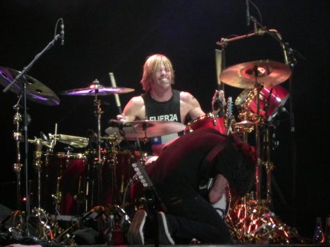 Foo Fighters drummer Taylor Hawkins playing live on tour.