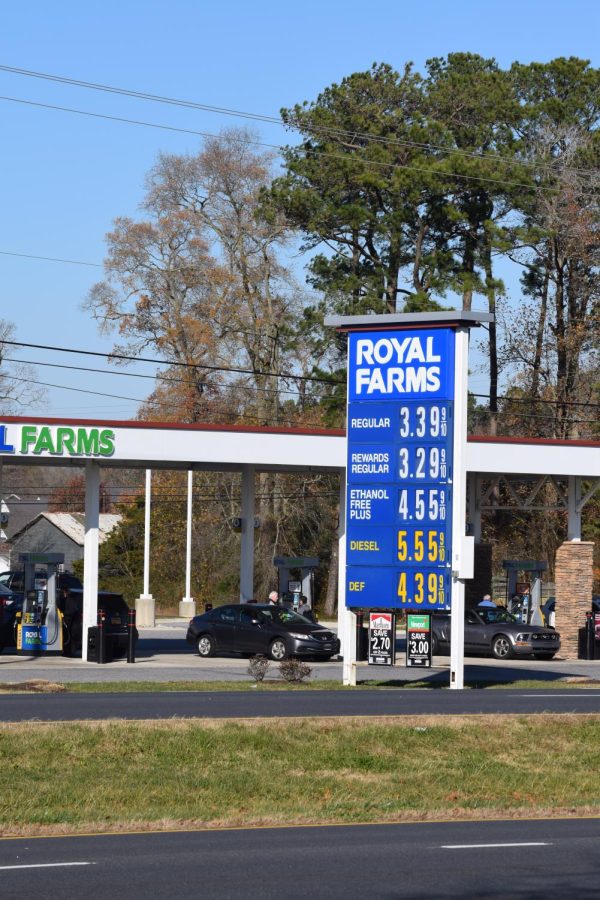 Gas prices posted to the Royal Farms on Route 50 on Thursday, Dec. 1, 2022.