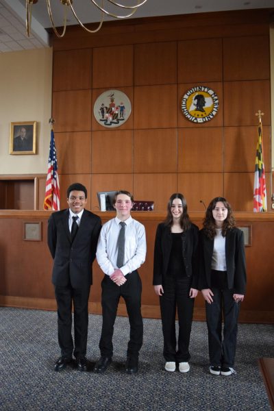 Mock Trial team members (L to R) Patrick Haines, Jack Greenwood, Natalie Boutin and Sophia James competed against The Salisbury School on Jan. 17, 2023, in Wicomico County District Court.
