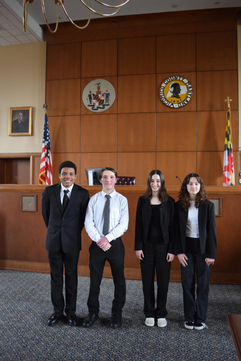 Mock Trial team members (L to R) Patrick Haines, Jack Greenwood, Natalie Boutin and Sophia James competed against The Salisbury School on Jan. 17, 2023, in Wicomico County District Court.