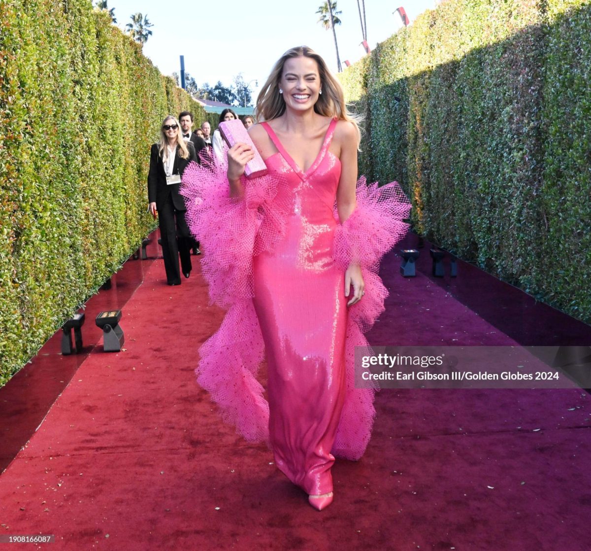 Barbie star Margot Robie walks the red carpet at the 2024 Golden Globe awards, held Jan. 7, 2024. (photo courtesy Getty Images)