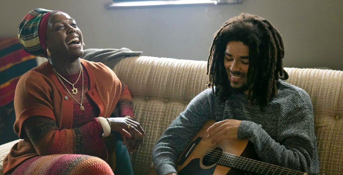 Lashana Lynch and Kingsley Ben-Adir in the movie “Bob Marley: One Love.”
