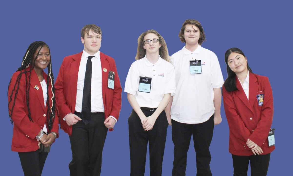 (L to R) Aaliyah Drummond, Charles Shoemaker, Chase Saltzman, Jayden Bodon, and Teresa Guo stand for a photo after completing their respective competitions at Skills USA.
